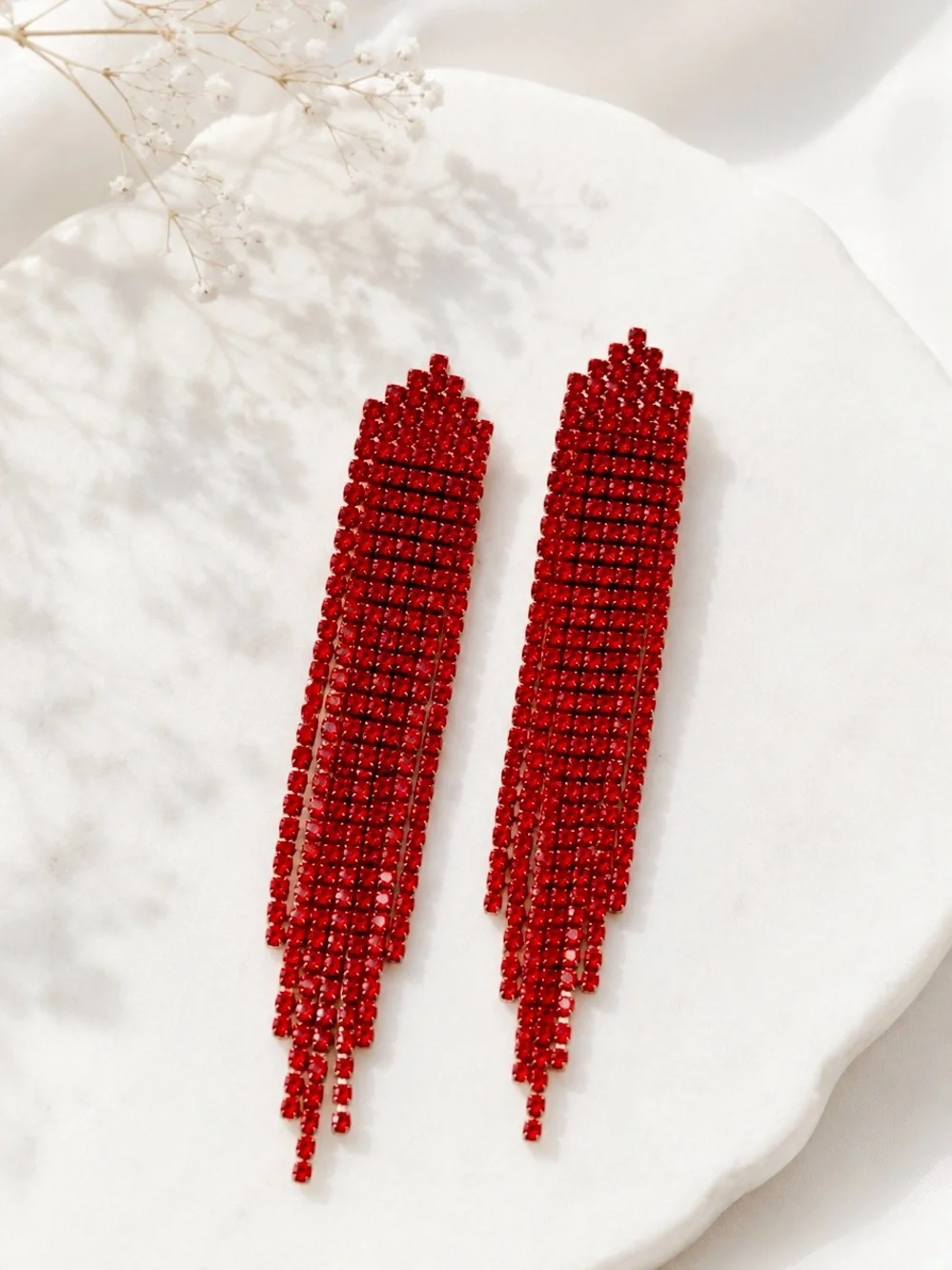 Red Crystal Cascade Fringe Earrings